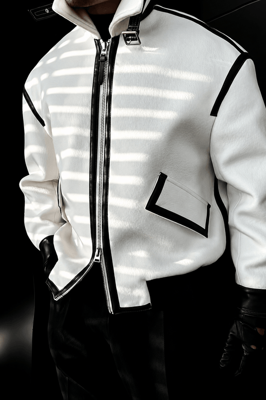 Men’s Oversized Zip‑Up Lapel Cashmere‑Blend Jacket, Genuine Leather Trim Detail Coat